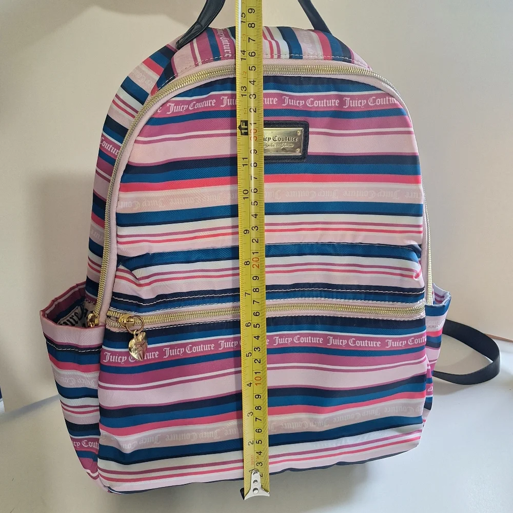 Juicy Couture Wild Heart Striped Full Size Backpack Gold Hardware Goth Text EUC